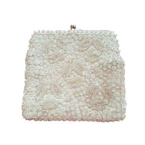 Vintage Pocketbook Ivory Sequin Leaves Gold Chain Shoulder Bag Iridescent Beads